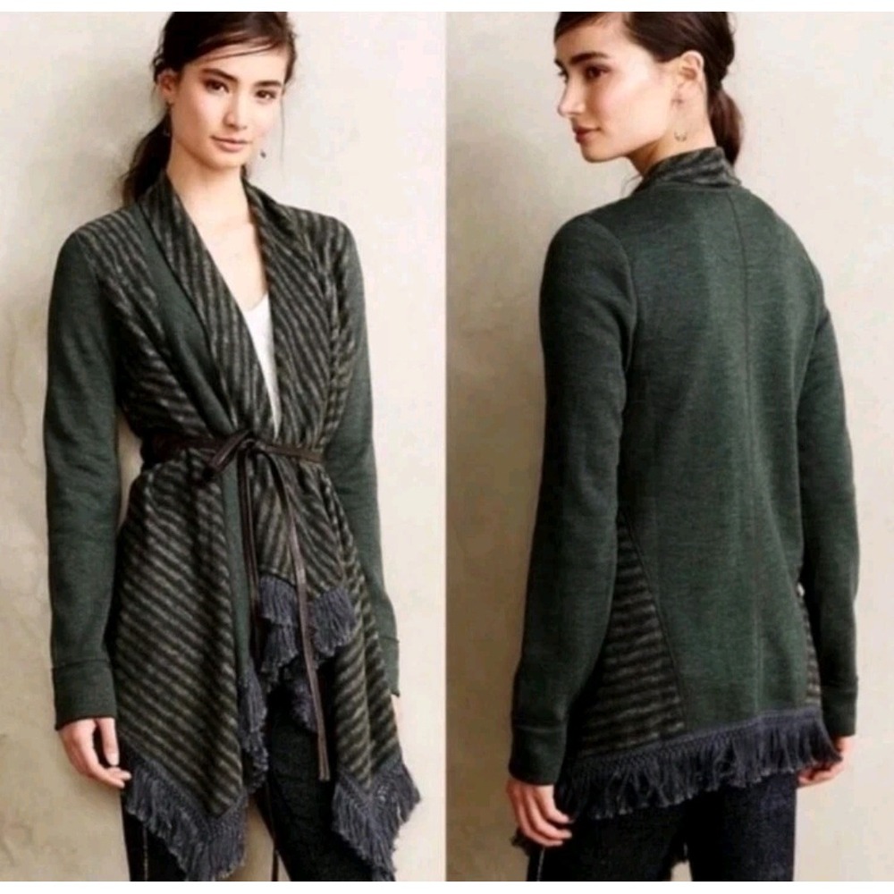 Saturday Sunday Anthropologie Gray Striped Fringe Lace OpenFront Cardigan Medium
